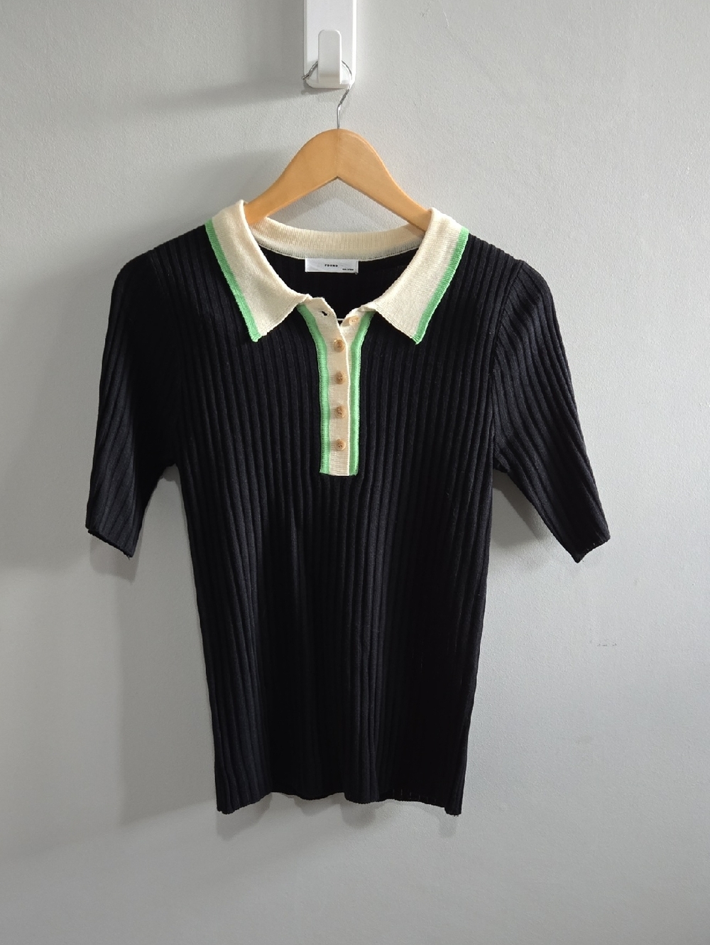 Found Black Ribbed Polo Top with Cream & Green Trim